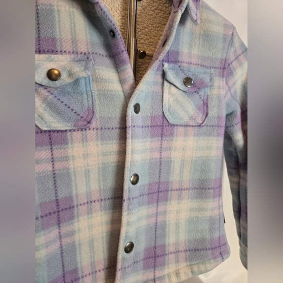 Eddie Bauer Girls Sherpa Lined Fleece Shacket – Blue & Purple Plaid | Size 6/6X - Picture 2 of 8